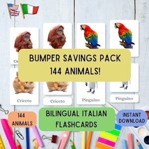 Bilingual Italian Language Flashcard Bundle of Animals, Learn Montessori with 144 Italiano English pdf 3 part flashcards, teaching printable