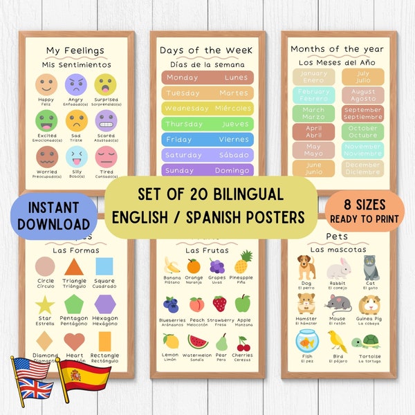 Bilingual Spanish educational posters, English Spanish educative posters, Spanish pdf language printable download set of 20