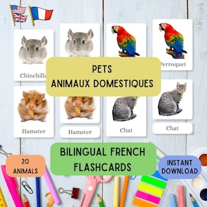 Inglês Francês Flashcards Educativos para Animais de Estimação, Aprenda Montessori com 20 Flashcards de 3 Partes em Francês Ed, Material Educacional para Aprender Idiomas
