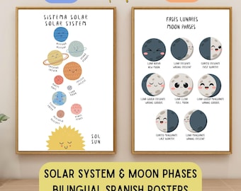Bilingual Spanish English Solar System & Moon Phases Posters, Spanish English PDF, Teach Kids Spanish, Languages Posters, Printable download