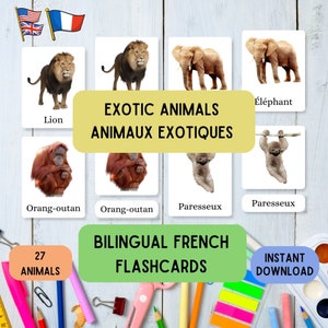 Flashcards educativos em inglês francês para animais exóticos, aprenda Montessori com 27 flashcards em 3 partes do francês Ed, flashcards para download