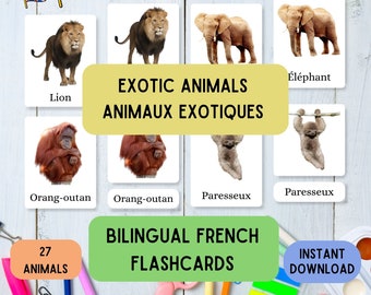 Tweetalige Franse flashcards met exotische dieren: Montessori-leermateriaal, Franse flashcards, leer kinderen Frans, printbare PDF direct te downloaden
