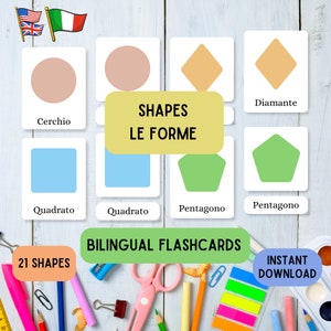 Italiano English Language Flashcards Shapes, aprenda Montessori com 21 Italian Learning pdf flashcards de 3 partes, conjuntos de flashcards educativos