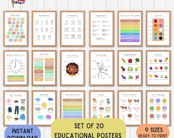 Set of 20 Educational Decoration Posters, Educative Posters, Playroom Decor, Montessori Classroom Decor Printable Posters