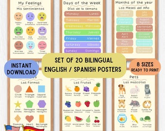 Bilingual Spanish educational posters, English Spanish educative posters, Spanish pdf language printable download set of 20