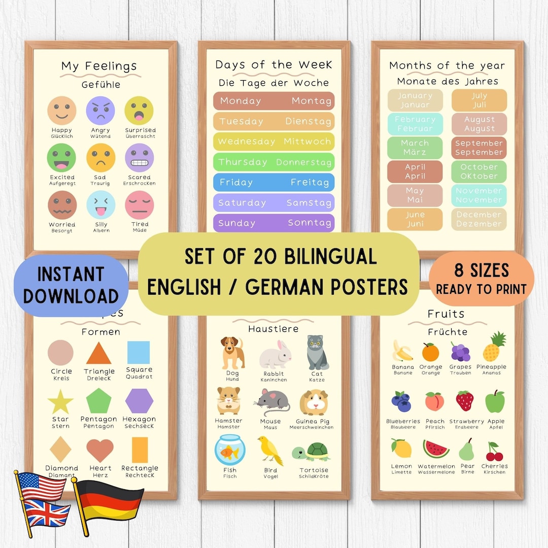 Lernposter Englisch Deutsch, Lernposter 20er Set, Lernposter Kinder