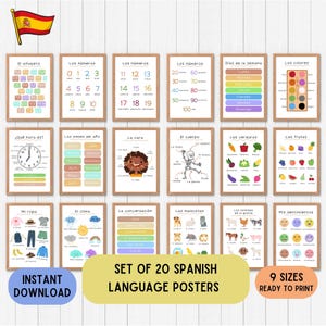 Learn Spanish educational posters, Español Spanish educative posters, Spanish pdf para ninos language printable download set of 20 any color