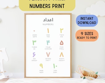 Persian Farsi Numbers Print, Learn Farsi Print, Colorful Persian Decorations, Language Printable, Downloadable Persian wallart, Farsi gifts