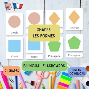 Formas de flashcards em inglês e francês, aprenda Montessori com 21 flashcards em pdf para aprendizagem de francês em 3 partes, conjunto de formas de flashcard educativo