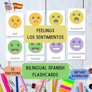 Flashcards d’émotions bilingues espagnols, apprenez Montessori avec 15 flashcards espagnol anglais pdf en 3 parties, jeu de cartes mémoire éducatives de sentiments