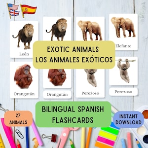 Cartões flash bilíngues em espanhol Animais exóticos, aprenda Montessori com 27 cartões flash em espanhol inglês pdf em 3 partes, conjunto de cartões educativos com 27