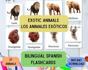 Bilingual Spanish Exotic Animals Flash Cards: Montessori Learning, Teach Kids Spanish, English Spanish Card Printables, Learn Spanish PDF