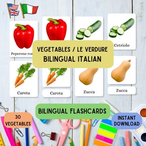 Italiano Inglês flashcards vegetais, aprenda Montessori com 30 Italiano Inglês pdf flashcards de 3 partes, conjunto de flashcard educativo