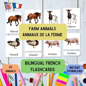 Flashcards educativos em inglês francês Animais de fazenda, Aprenda Montessori com 20 flashcards em 3 partes do Ed francês, material educacional para download