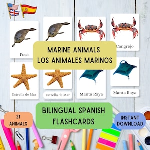Cartões flash bilíngues em espanhol Animais marinhos, aprenda Montessori com 21 flashcards em espanhol inglês pdf em 3 partes, conjunto de cartões educativos