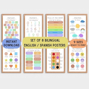 8 Bilingual Spanish educational posters, English Spanish homeschooling posters, Spanish pdf language printable, ninos espanoles, pdf espanol
