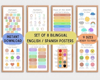 8 Bilingual Spanish educational posters, English Spanish homeschooling posters, Spanish pdf language printable, ninos espanoles, pdf espanol