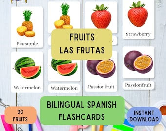 Tvåspråkiga spanska engelska fruktkort: Montessori-inlärning, lär barn spanska, utskrivbara engelska spanska kort, lär dig spanska i PDF-format