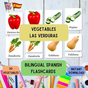 Flashcards bilíngues em espanhol, vegetais, aprenda Montessori com 30 flashcards em espanhol e inglês pdf em 3 partes, conjunto de flashcards educativos