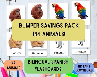 Bilingual Spanish English Animal Flash cards bundle x144: Montessori Teach Kids Spanish, English Spanish Card Printables, Learn Spanish PDF