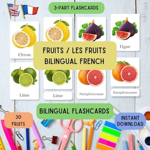 English French language flashcards fruit, learn Montessori with 30 French English pdf 3-part flashcards, educative flashcard set of 30