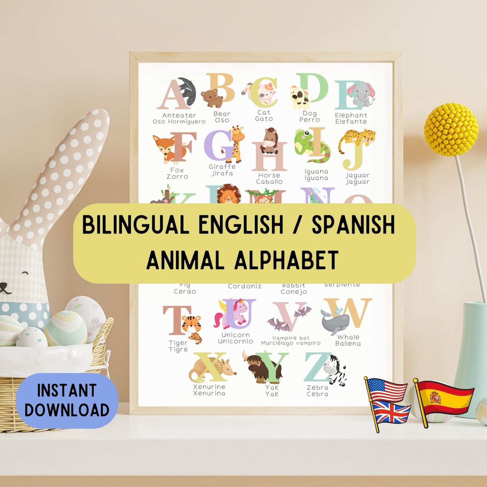 Bilingual Spanish Alphabet Poster, Educational Decoration Poster ...