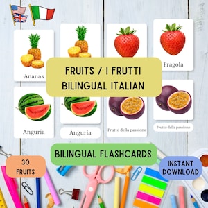 Italiano Inglês flashcards frutas, aprenda Montessori com 30 flashcards bilíngues italianos de 3 partes, conjunto educativo de frutas