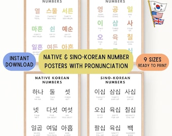 Learn Korean Numbers Prints, Printable Korean Language Poster, Korean Learning, Native + Sino Korean Bundle, Download Korean wallart, Hangul