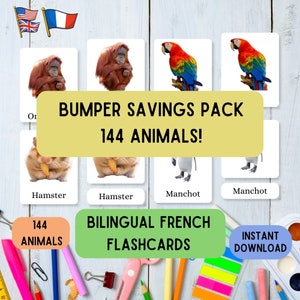Flashcards para impressão em inglês francês - pacote de animais, aprenda Montessori com 144 flashcards em pdf em 3 partes em francês, conjunto de flashcards educativos