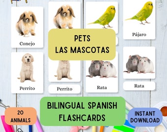 Tvåspråkiga spanska engelska husdjurs flashcards: Montessori-inlärning, lär barn spanska, utskrivbara engelska spanska kort, lär dig spanska i PDF-format