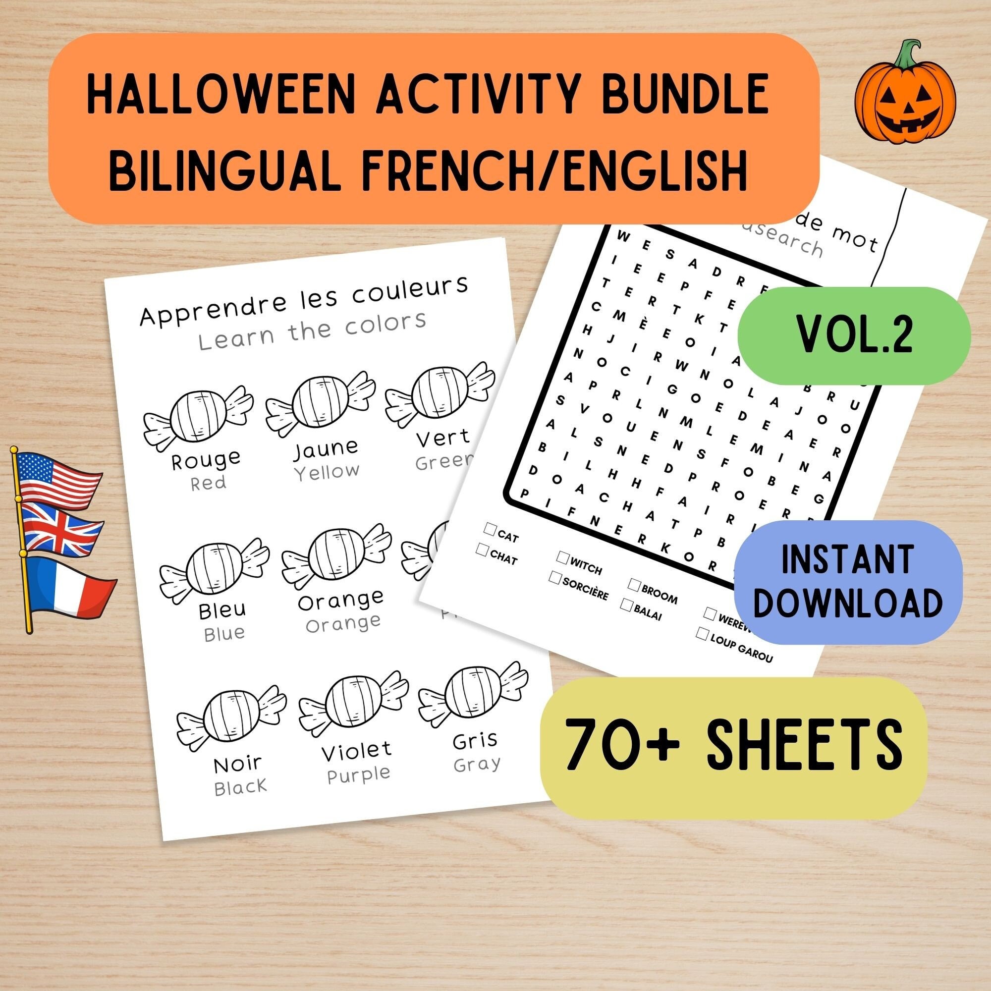 English French Halloween Activity Sheets for kids, Downloadable Halloween worksheets bundle, Halloween learning printables, French Ed