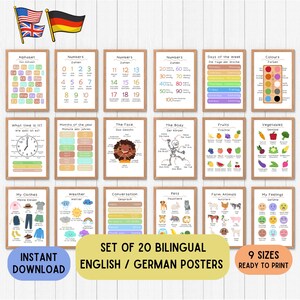 Carteles educativos bilingües en alemán, carteles educativos para niños en inglés y alemán, imprimibles en cualquier color, juego de 20