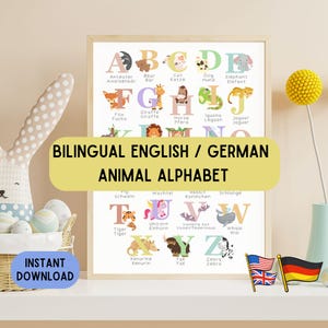 Zweisprachiges deutsches Alphabet Poster, Englisch Deutsch lehrreiche Dekoration, Sprache zum Ausdrucken, Englisch Deutsch Poster Kinde, Deutsch Klassenzimmer