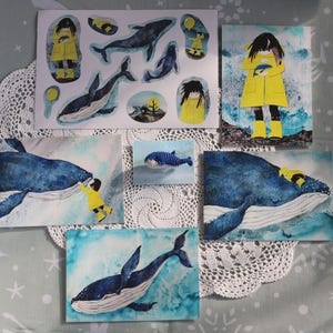 Scatola regalo di compleanno a tema balena con foglio di adesivi, cartoline, orecchini o spilla all'uncinetto, spilla. Scegli tra balena, squalo, orca, faro o sottomarino.