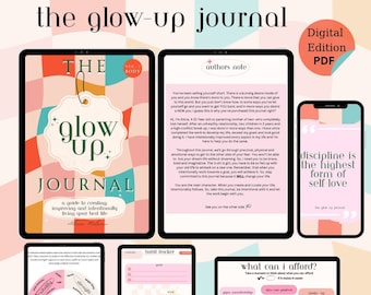 Puede incluir: Una portada de diario digital con el título "The Glow-Up Journal" en un diseño geométrico colorido. El diario es una guía para mejorar y vivir tu vida de manera intencional. El texto "Discipline is the highest form of self-love" aparece en una portada separada.