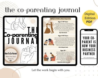Puede incluir: Una descarga digital de un diario de coparentalidad con una imagen de portada de dos manos que se sostienen mutuamente. El diario se titula "The Co-Parenting Journal: How To Co-Parent When You Don't Want To, Vol. 1". El diario está diseñado para ayudar a los padres a navegar los desafíos de la coparentalidad después de la separación.