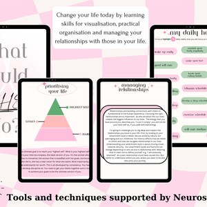 Puede incluir: Cuatro pantallas de tableta digitales de color rosa y verde con el texto "what would she do?" en la pantalla m&aacute;s a la izquierda, "prioritising your life" en la segunda pantalla, "managing relationships" en la tercera pantalla y "my daily habits" en la pantalla m&aacute;s a la derecha. Las pantallas est&aacute;n sobre un fondo a cuadros rosa y blanco. El texto "Tools and techniques supported by Neuroscience" est&aacute; en la parte inferior de la imagen.