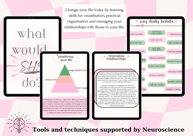 Puede incluir: Cuatro pantallas de tableta digitales de color rosa y verde con el texto "what would she do?" en la pantalla m&aacute;s a la izquierda, "prioritising your life" en la segunda pantalla, "managing relationships" en la tercera pantalla y "my daily habits" en la pantalla m&aacute;s a la derecha. Las pantallas est&aacute;n sobre un fondo a cuadros rosa y blanco. El texto "Tools and techniques supported by Neuroscience" est&aacute; en la parte inferior de la imagen.