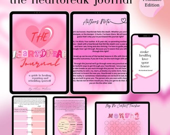 Puede incluir: Un diario digital rosa y blanco con el título "The Heartbreak Journal: A Guide to Healing, Repairing and Rebuilding Yourself" de Alma Milanu. El diario incluye secciones sobre "Fallacy" y "Farf" y un "No Contact Tracker".