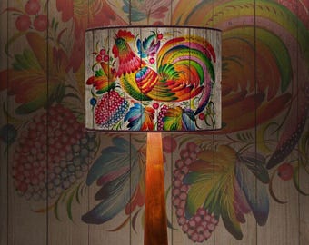 Folk Rooster Lamp Shade / Colorful Folk Art Lampshade / Rustic Chicken Drum Shade / Boho Country Decor / Rooster Farmhouse Shade