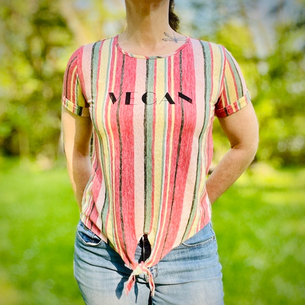 Upcycled VEGAN Kim and Cami Faded Color Striped Blouse Ladies Size Small