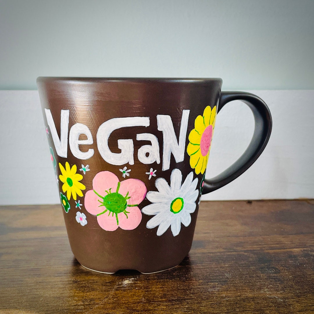 Upcycled Handpainted Vegan Flower Power Coffee Mug Pink Yellow White