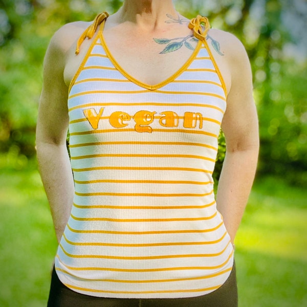 Upcycled VEGAN Yellow Striped Universal Thread Tank Top Funky Retro Ladies Size  XS