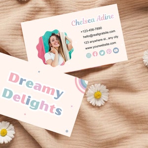 pastel Business Card Template, Editable Business Card Design, Groovy QR Code Business Card Template Canva, Rainbow Business Card Template