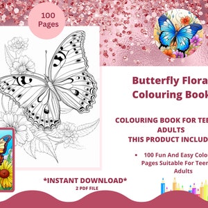 100 Floral Butterfly Coloring Book, Printable Flower Butterflies Coloring Pages, Grayscale Coloring Book for Adults & Kid, Fantasy Coloring