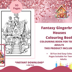 Fantasy Gingerbread Houses Homes grayscale Colouring Pages -Instant Download 50 pages-Printable Pages to Colour at home for adults and teens
