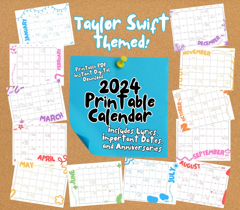2024 Calendar Taylor Swift Lyrics Theme Digital Download Monthly