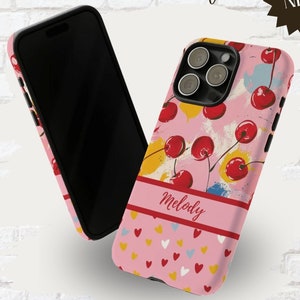Pink Red Cherry Phone Case Custom Name Magsafe iPhone Cover, Coquette Aesthetic Girly Gift for Her Personalized Casing, Artful Summer Fruit