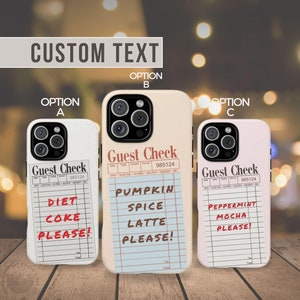 May include: Three iPhone cases with a white background and a guest check design. The text on the cases reads "Diet Coke Please!" "Pumpkin Spice Latte Please!" and "Peppermint Mocha Please!"
