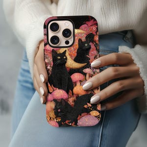 Halloween Black Cat Mosaic Phone Case,Cottagecore Mushroom Stained Glass Cover iPhone 16 15 14 13 12 Samsung Galaxy S24 S23 S22 Google Pixel